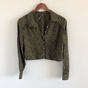 Free People Green Black Print Crop Blouse Top XS